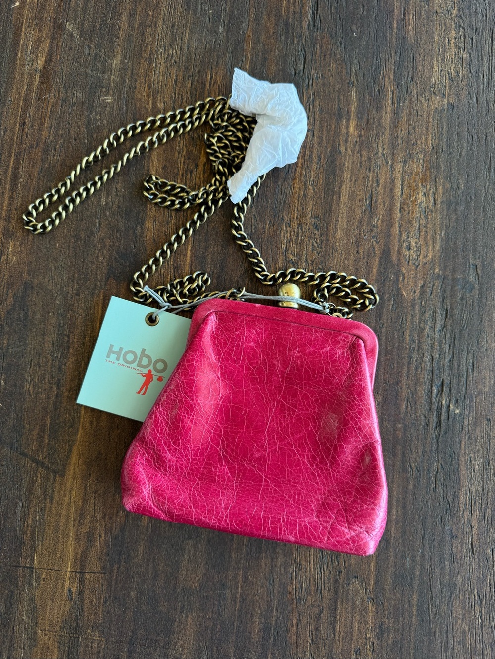HOBO Fuchsia Leather Kiss-Lock Crossbody with Gold Chain